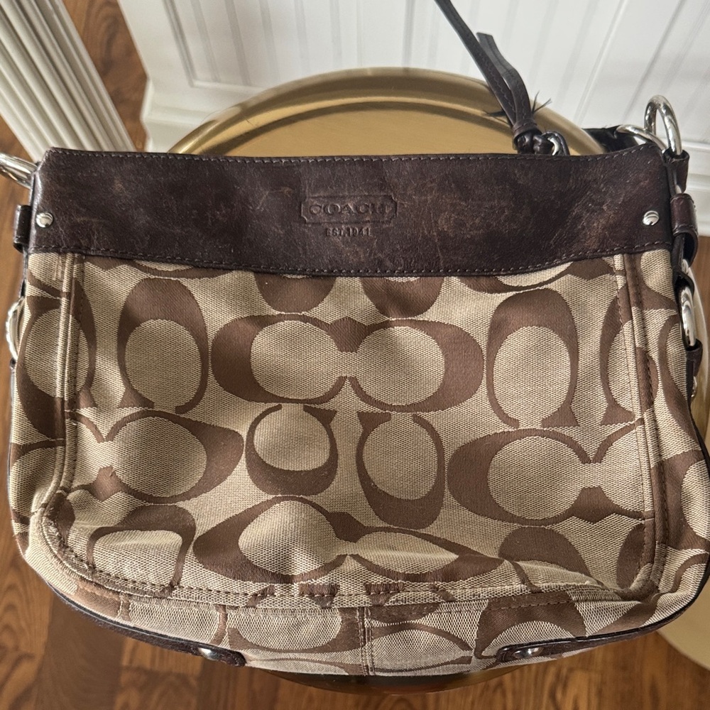 Coach Tan and Brown Signature Shoulder Bag